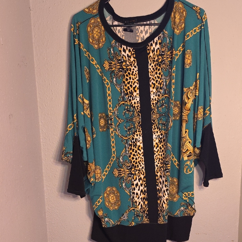 Eva Varro XL Animal Print Baroque Chain Top Teal Gold Black